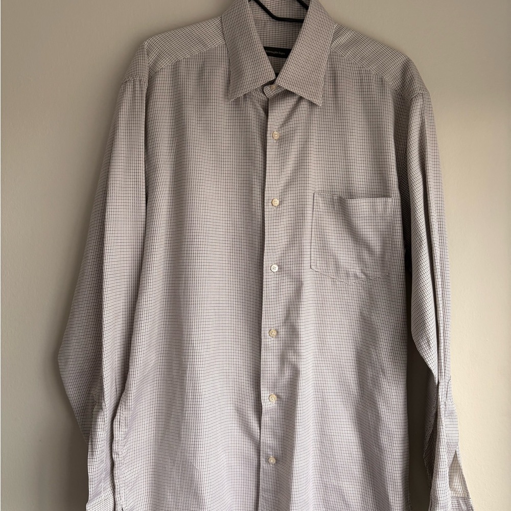 Ermenegildo Zegna Men’s Dress Shirt Size L White Brown Check 100% Cotton Italy